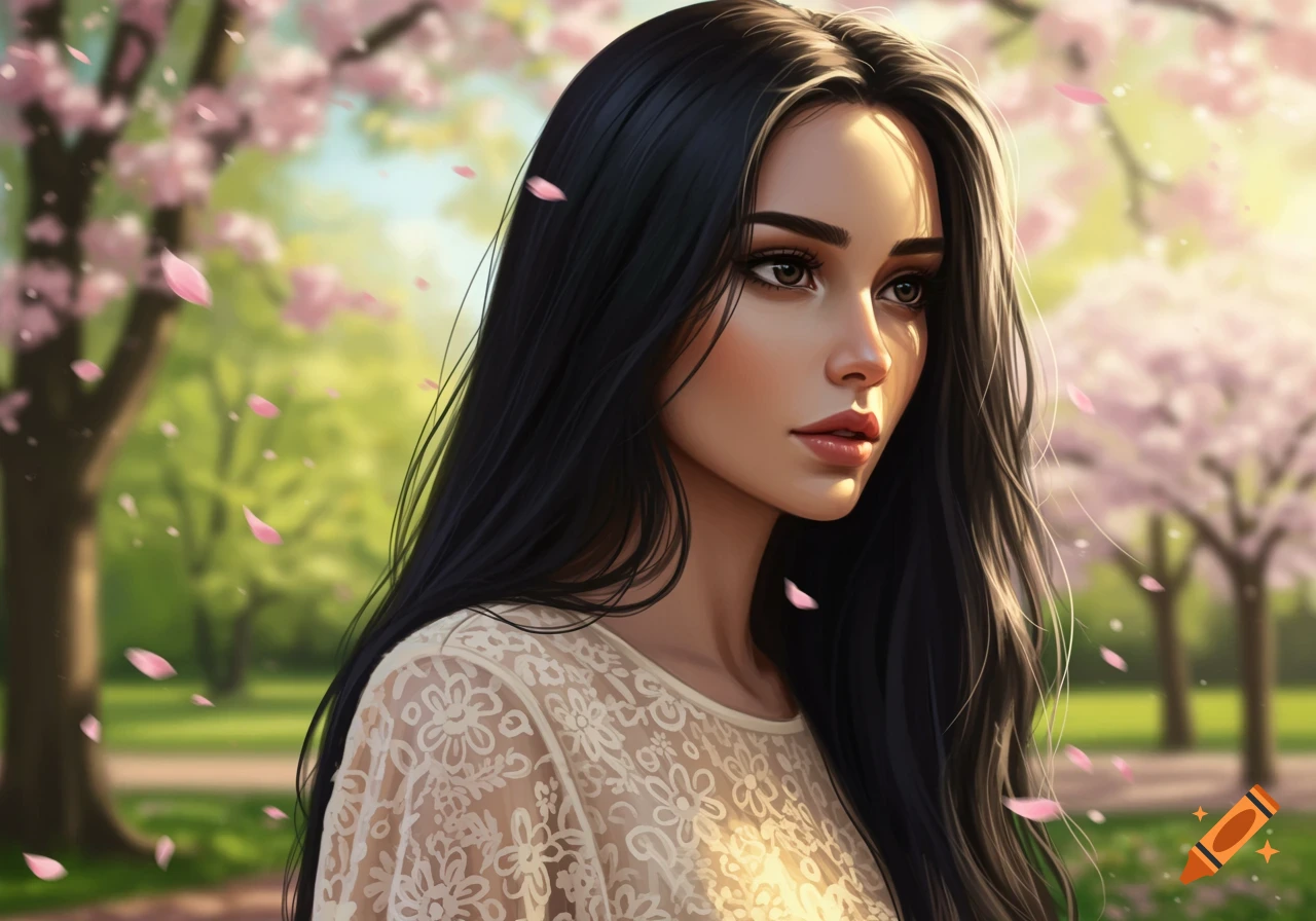A stylized illustration of a young woman with long dark hair and a white lacy top, standing in a park with pink cherry blossoms and falling petals.