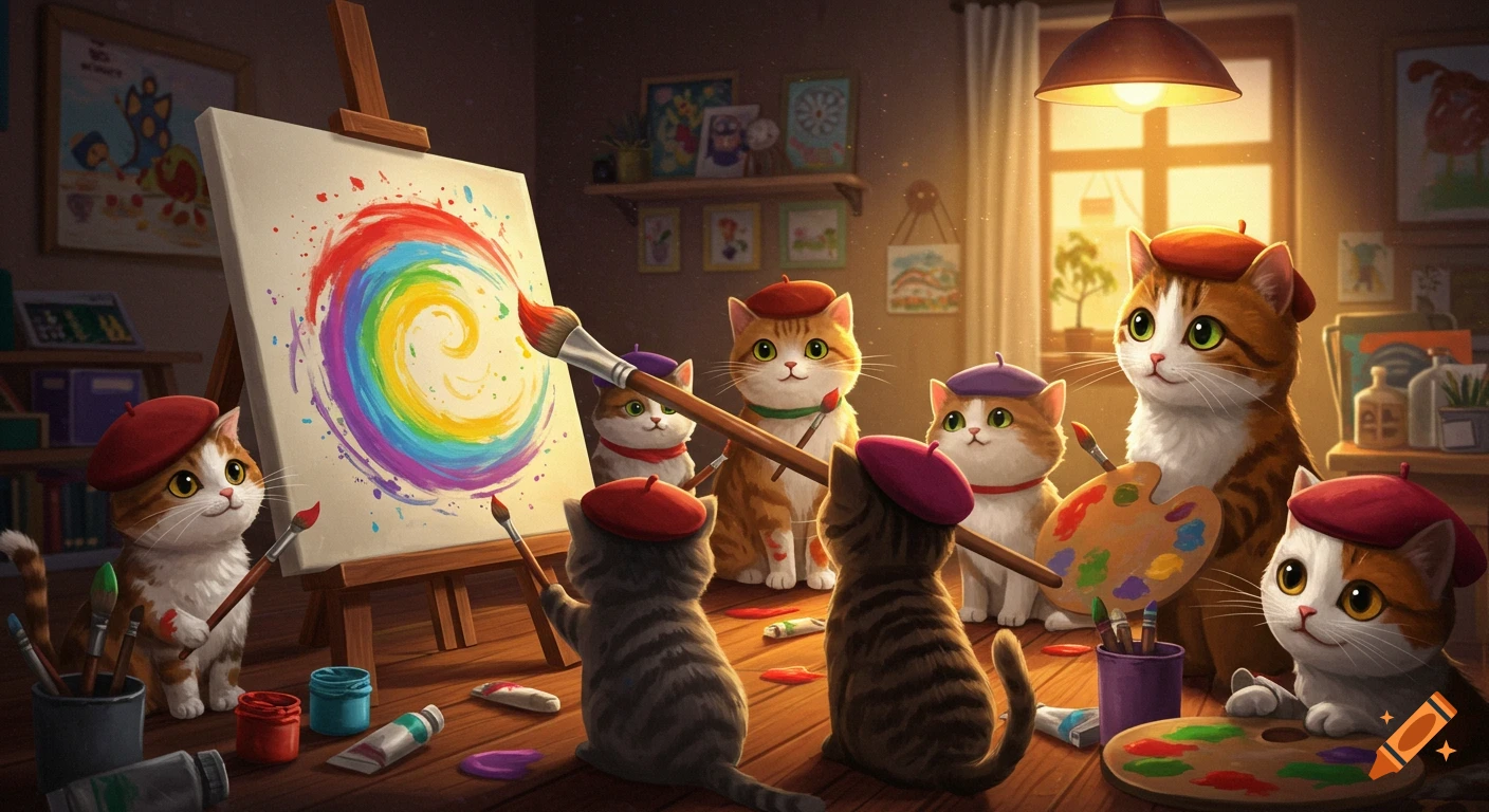 Cute cartoon cats wearing berets painting a rainbow swirl in an art studio.