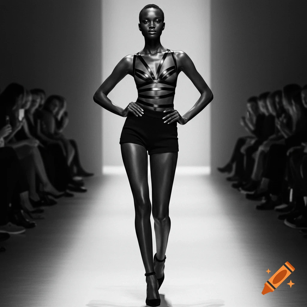 A black and white photo of a tall, slim model posing with hands on her waist on a fashion runway, audience blurred in background.