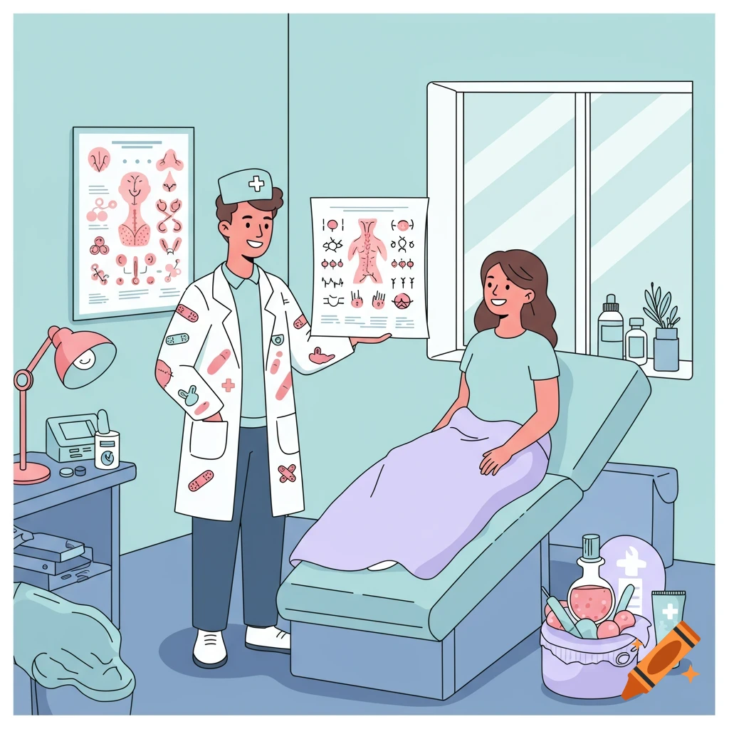 A cartoon illustration of a male doctor in a white coat showing a chart to a female patient sitting on an examination bed in a clinic.