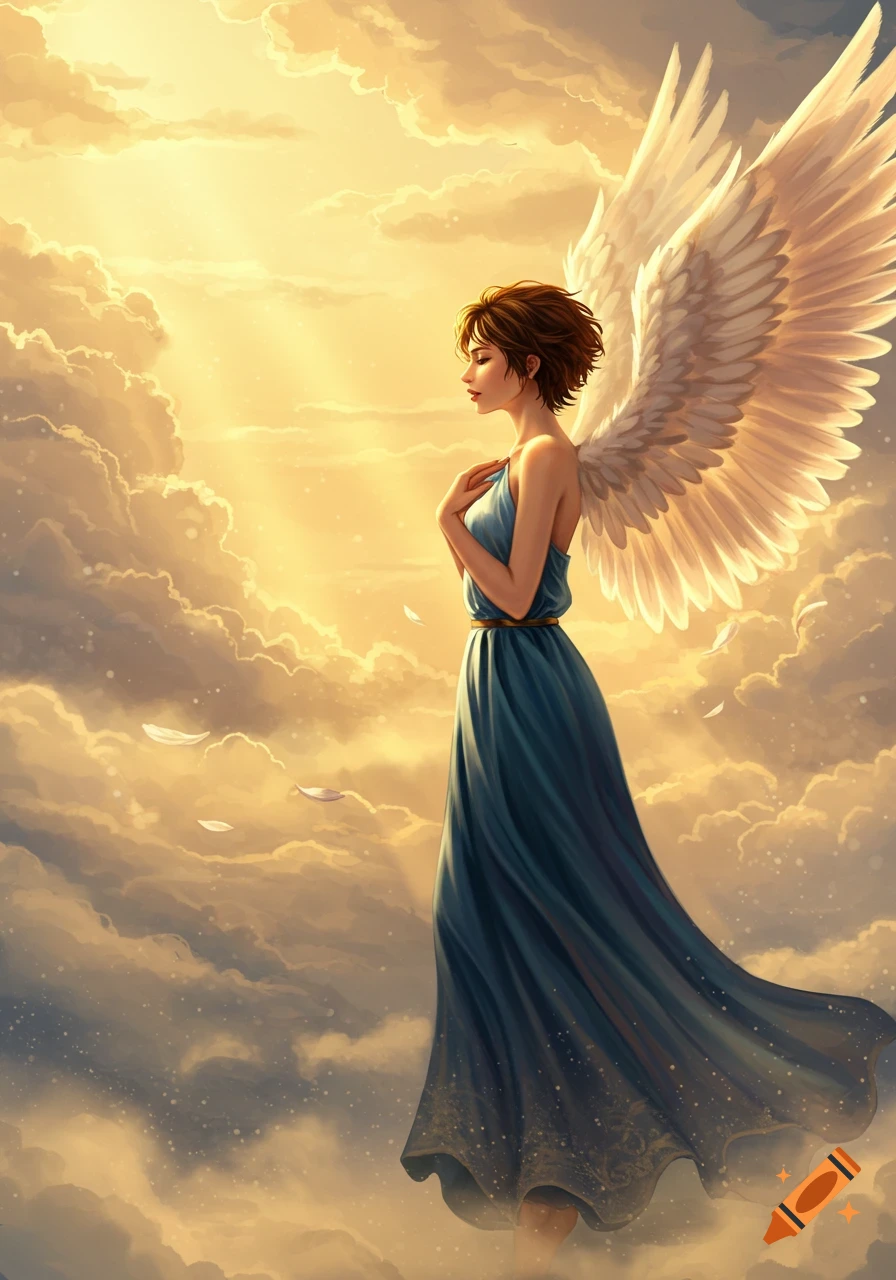 Digital painting of an angel with short brown hair and large white wings standing among golden clouds with light rays and falling feathers.