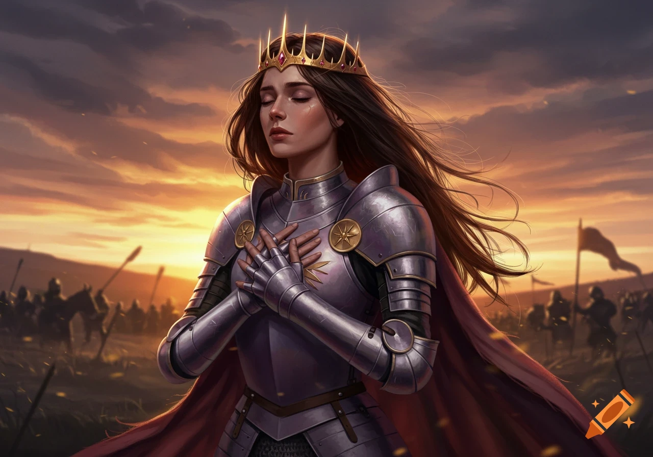 A princess warrior in battle armor and crown, with eyes closed and hands clasped, praying on a battlefield at sunset.