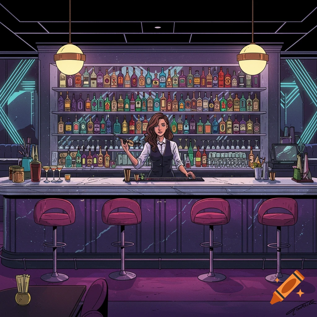 A female bartender with brown hair stands behind a bar filled with bottles and glasses in a comic book style.