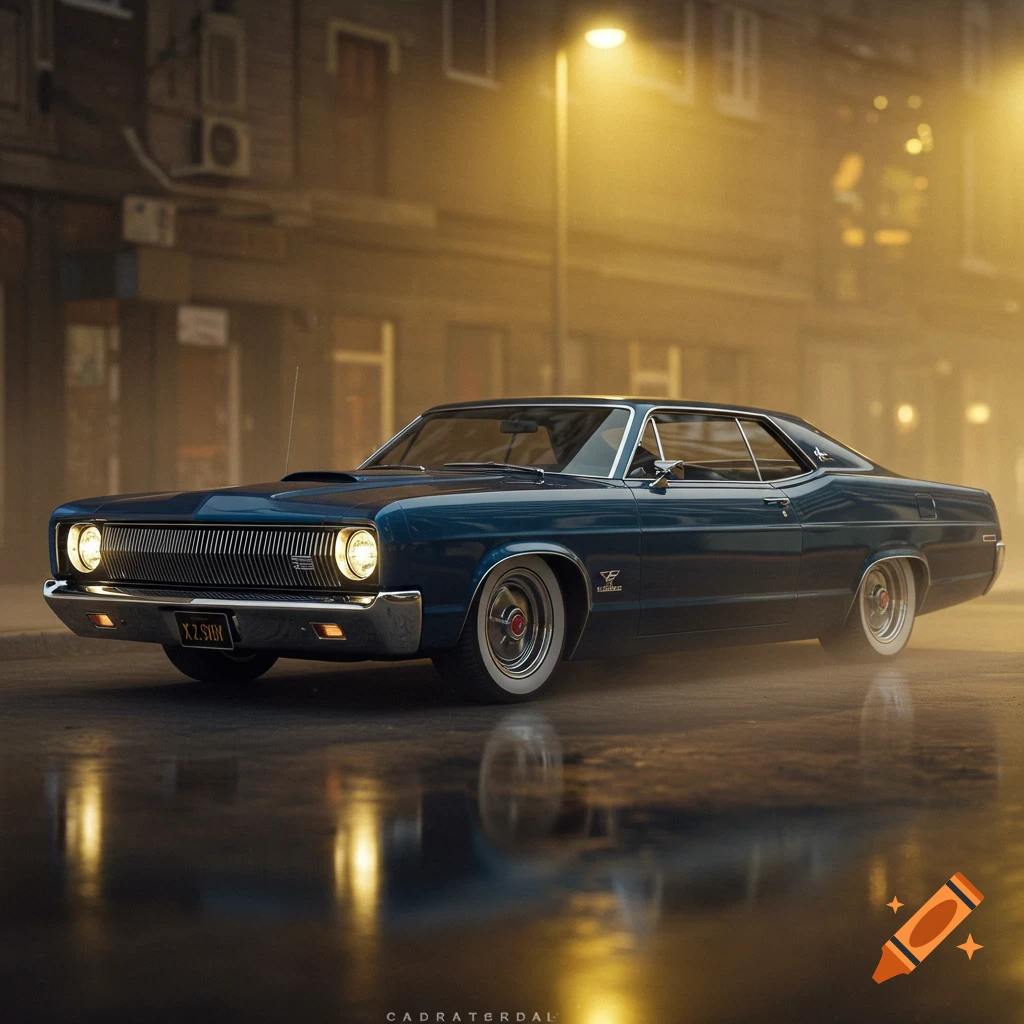 A photorealistic depiction of a dark blue 1969 Mercury Marauder X-100 classic car parked on a wet city street at night under a streetlamp.