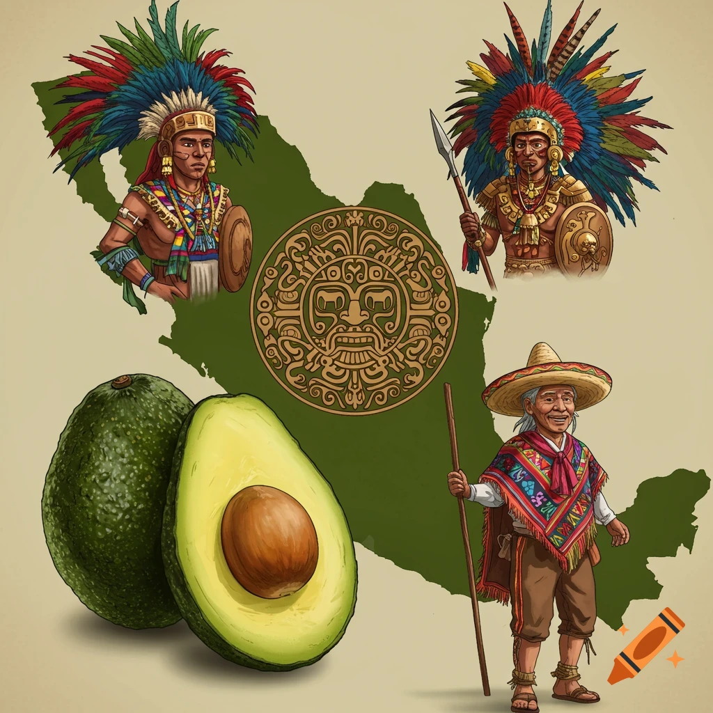 Illustrative map of Michoac an with an Aztec warrior, an elder in traditional attire, a Pur an people's symbol, and avocados.