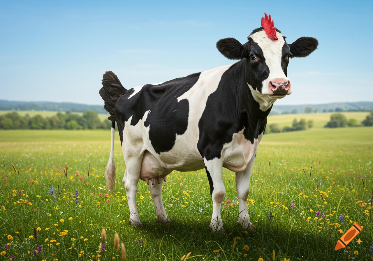 A photorealistic cow with a red chicken comb on its head and a chicken tail stands in a vibrant green meadow under a clear blue sky.