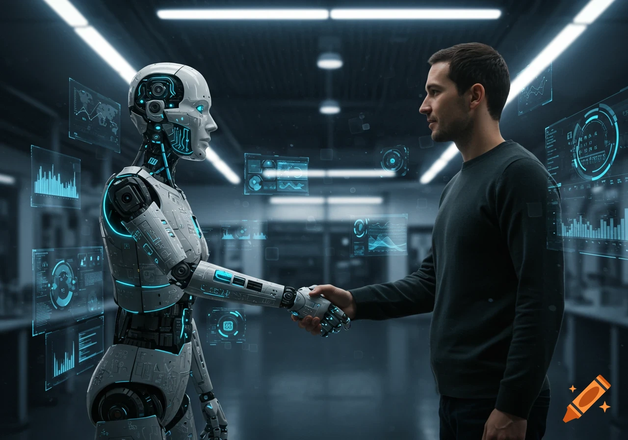 A photorealistic image of a man shaking hands with a humanoid robot in a futuristic, tech-filled setting with holographic displays.