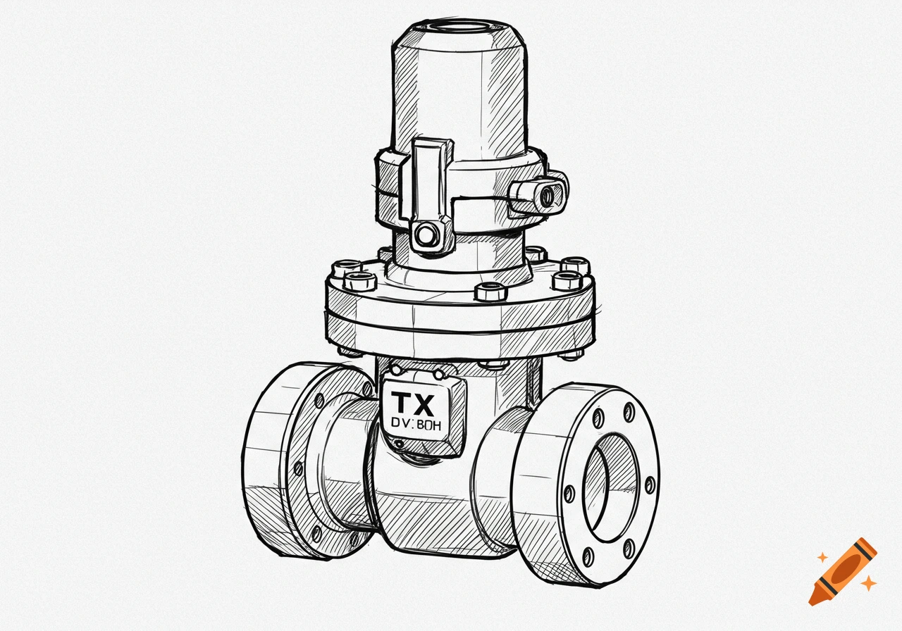 A black and white sketch of an industrial TX valve.