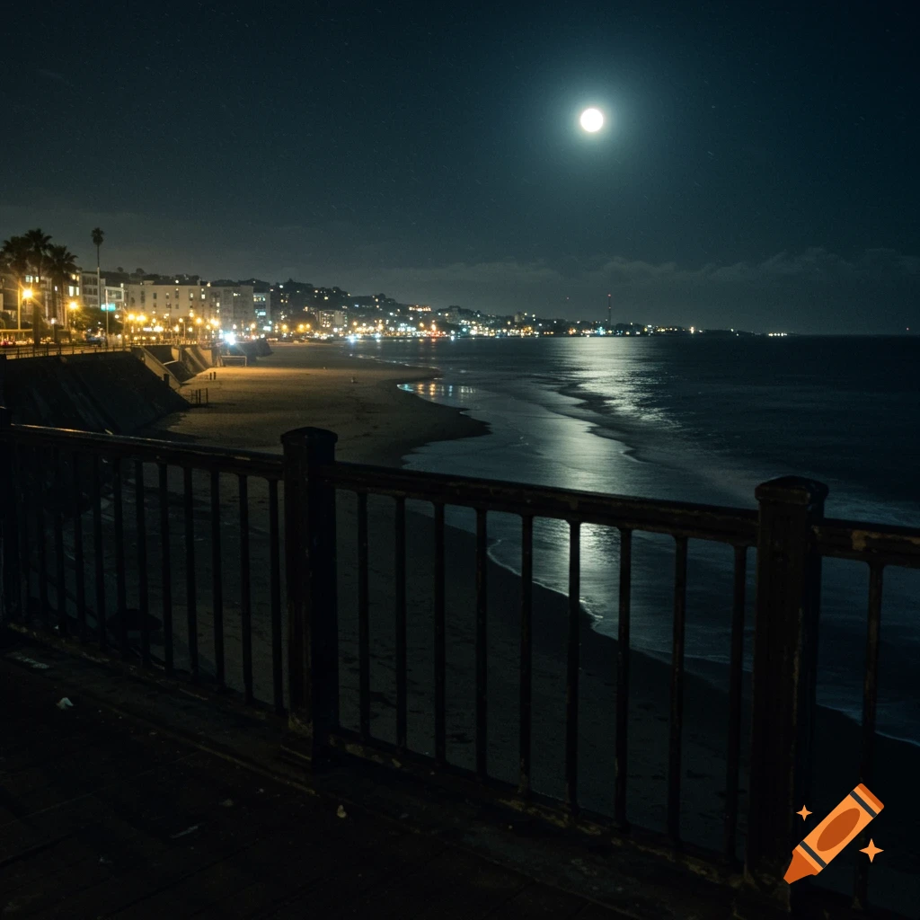 A gritty, realistic nighttime view from a bridge overlooking a quiet beach, with city lights and moonlight reflecting on the water.