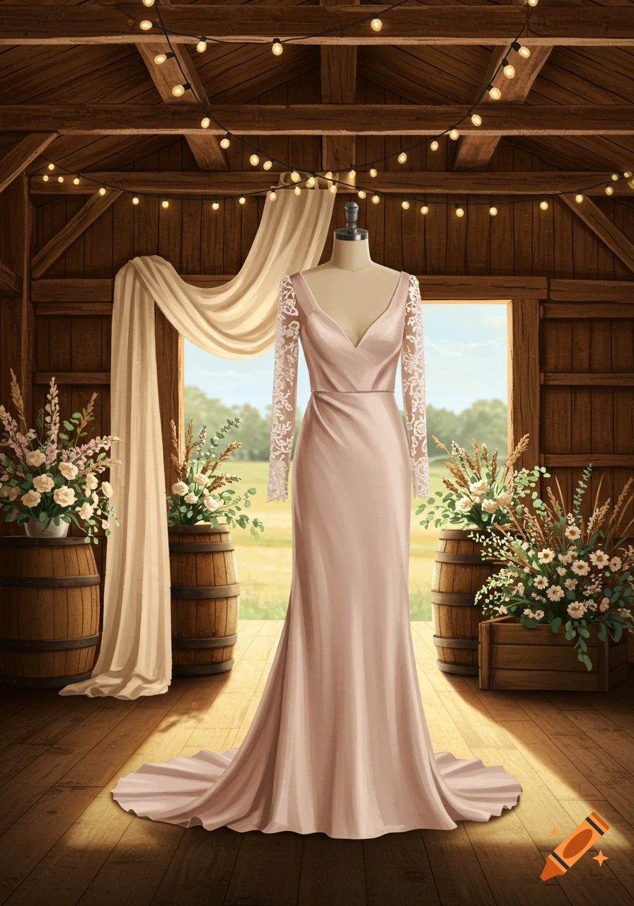 Light pink wedding dress on a mannequin inside a rustic barn decorated with string lights and floral arrangements.