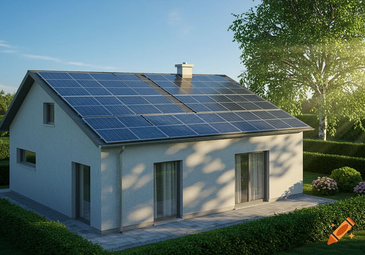 A modern house with solar panels on the roof, surrounded by green landscaping under a clear blue sky.