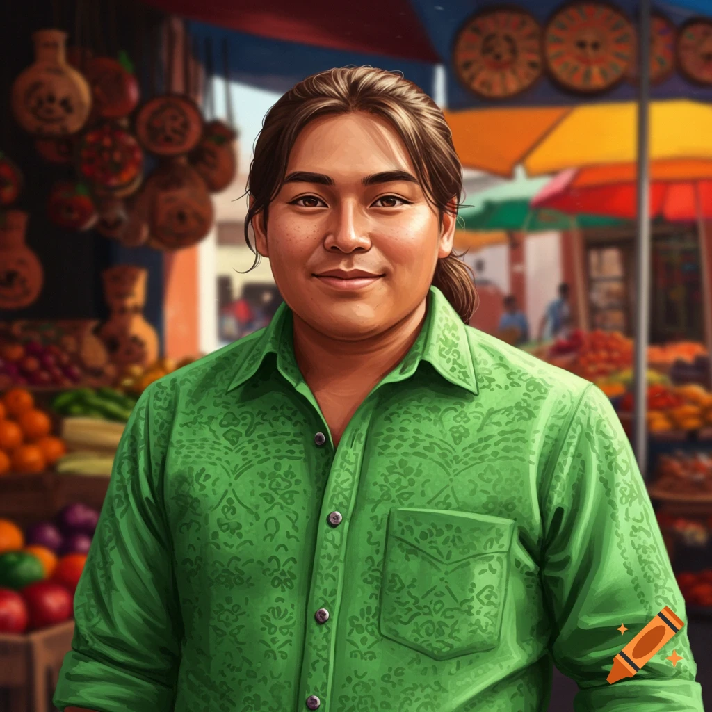 A smiling man with shoulder-length brown hair and a green patterned shirt stands at a vibrant outdoor market. Digital illustration.