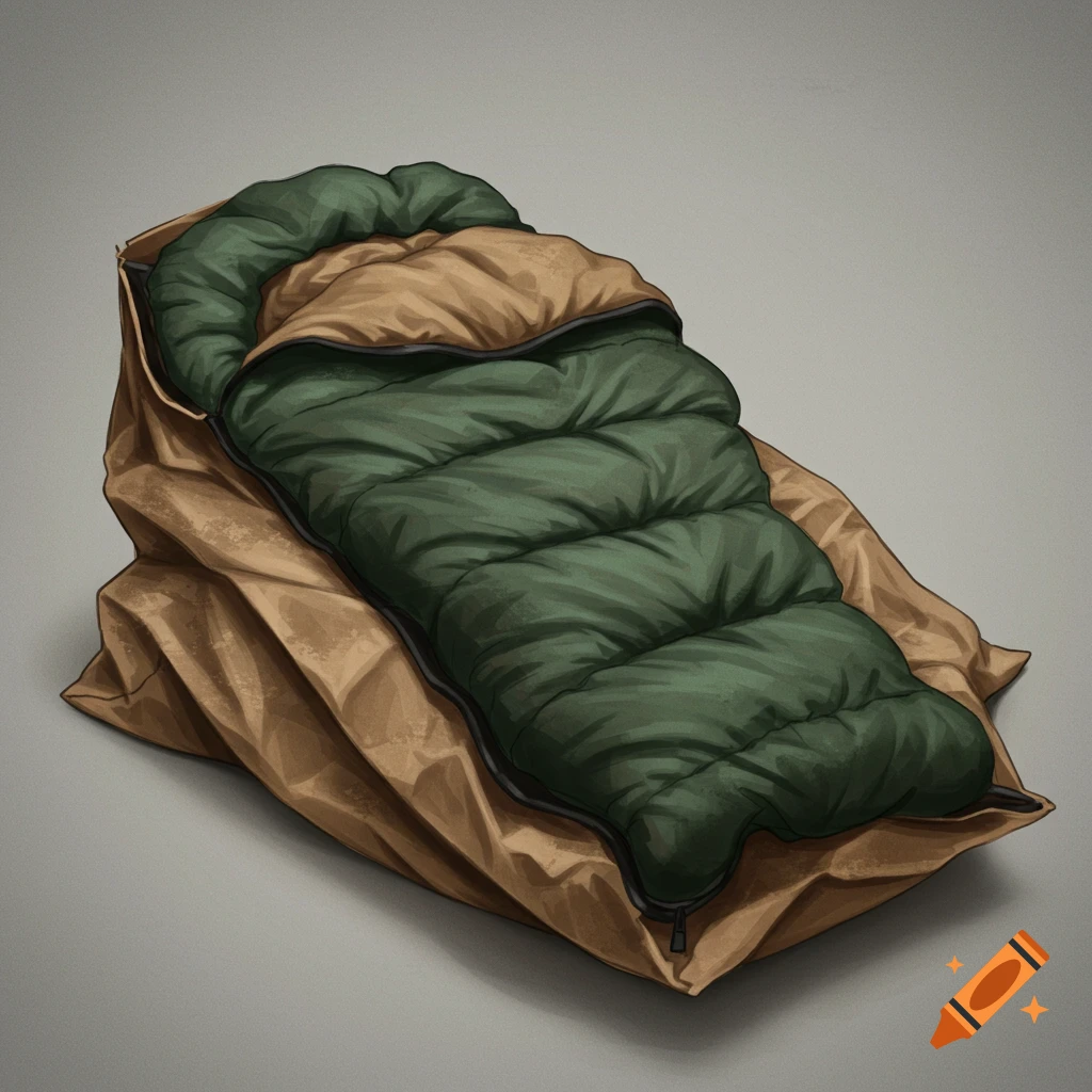 An illustrated green and tan sleeping bag tucked inside a crumpled brown paper grocery sack.