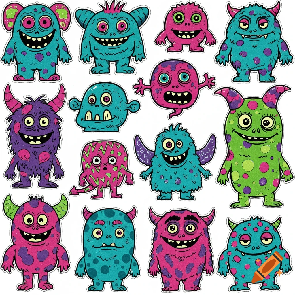A collection of colorful, cartoonish monster stickers with big eyes and toothy smiles, in pink, blue, green, and purple hues.