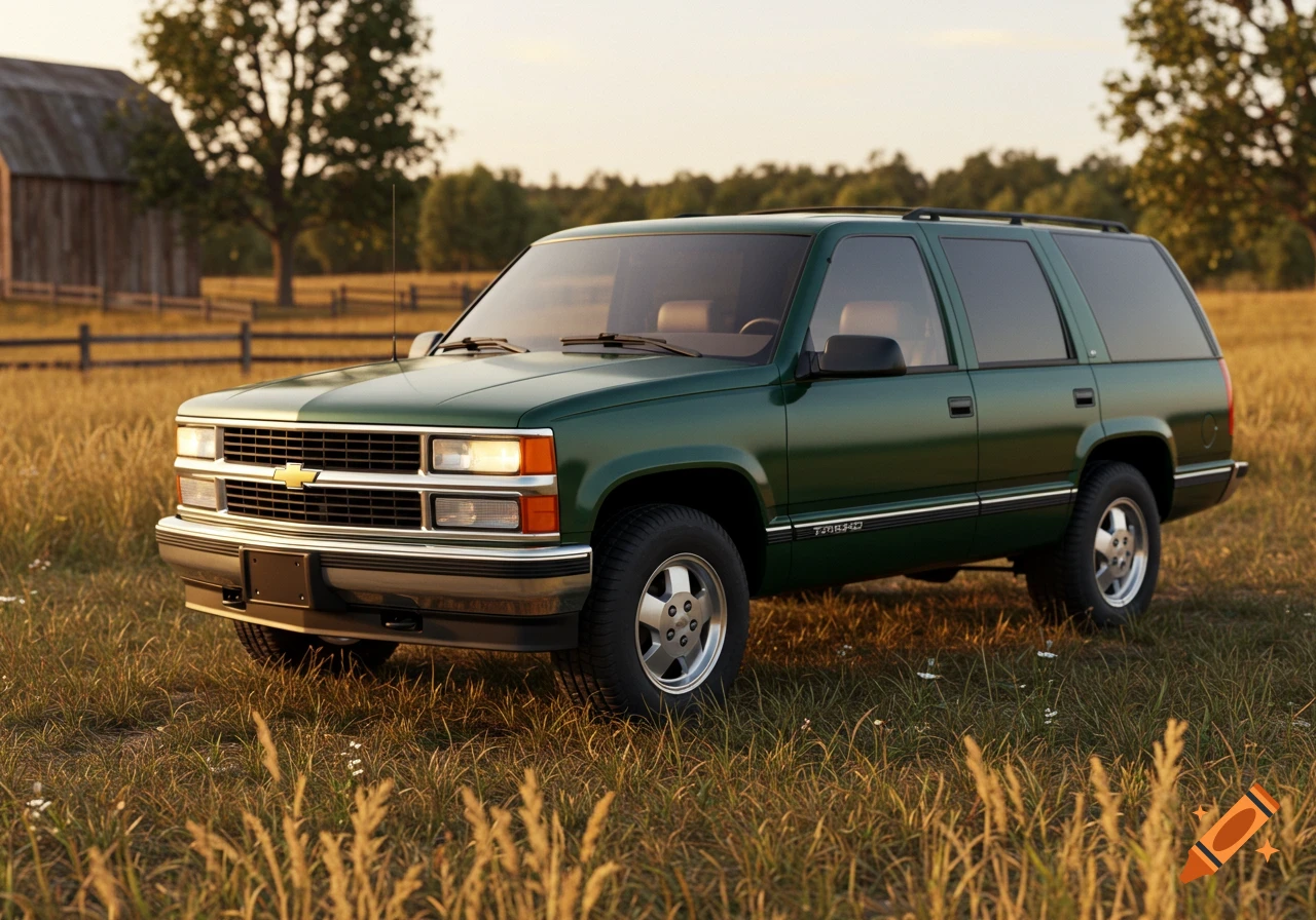 A dark green 1990s Chevrolet Tahoe SUV is parked in a golden grassy field under a clear sky, with a barn and trees in the background. The image has a photorealistic style.