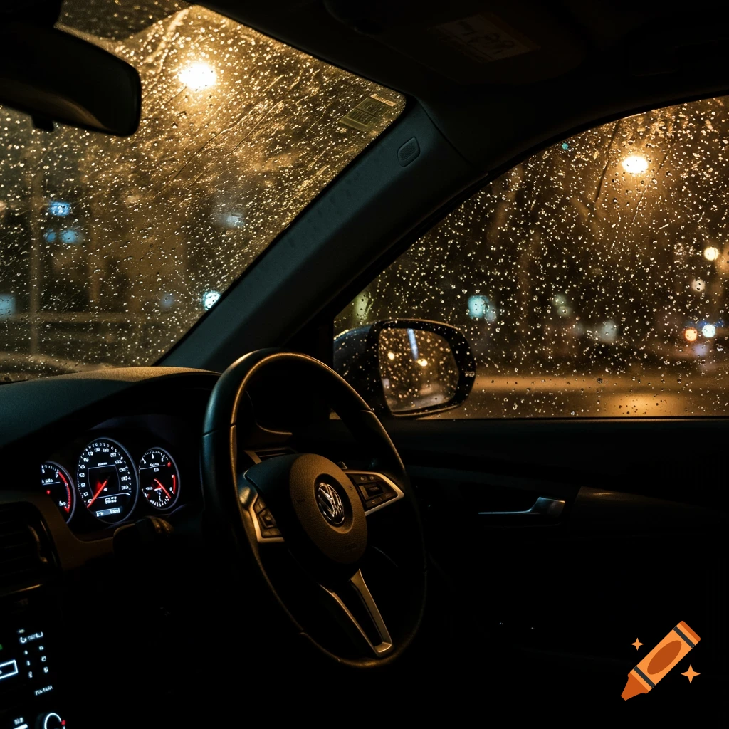 View from a car's driver seat at night, looking through a rain-splattered windshield at city lights.