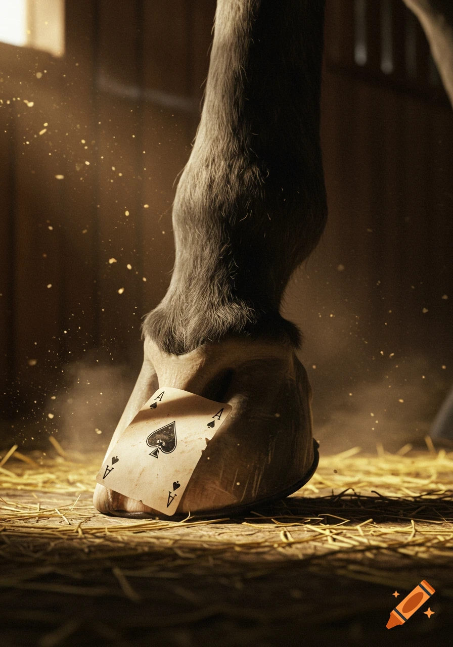 A photorealistic close-up of a horse's hoof holding an ace of spades playing card in a dusty stable.