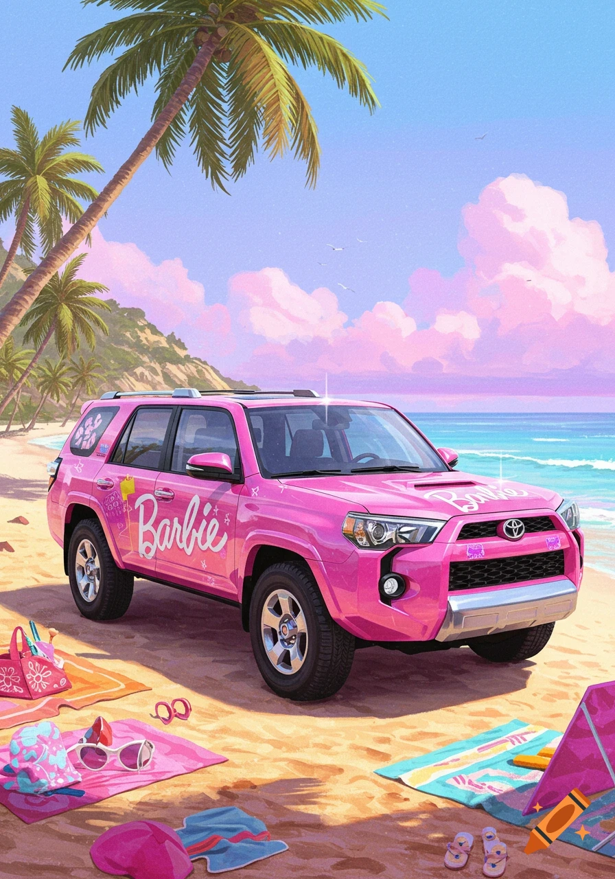 A vibrant illustration of a pink Toyota 4runner with Barbie branding parked on a sandy beach with palm trees and ocean.