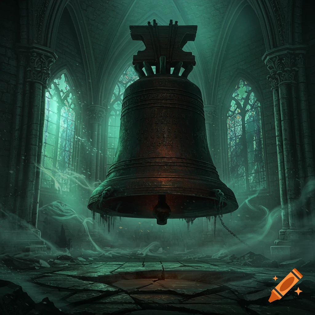 A giant, ominous bell hangs inside a ruined gothic church filled with eerie green mist and light from stained glass windows.