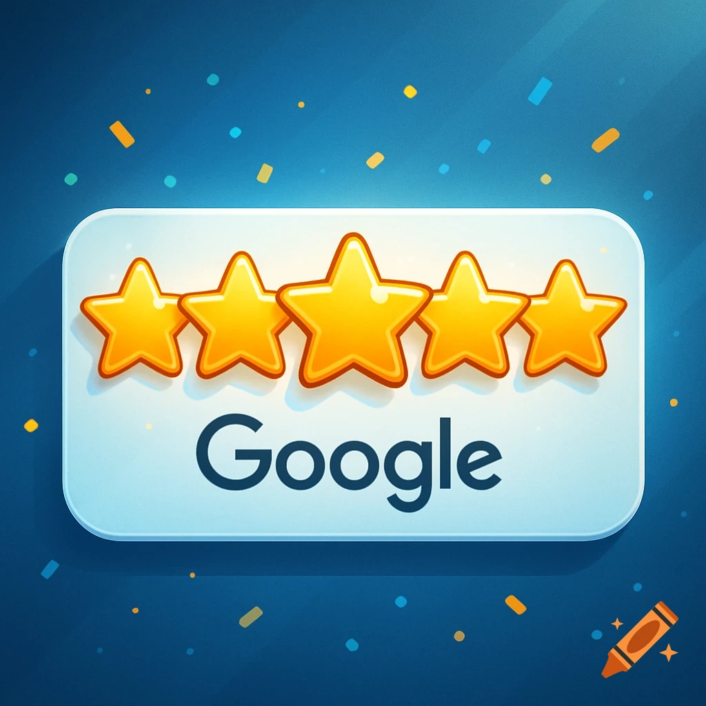 A white rounded rectangular sign displays five golden stars and the word 'Google' below them, set against a blue background with scattered orange and blue confetti.