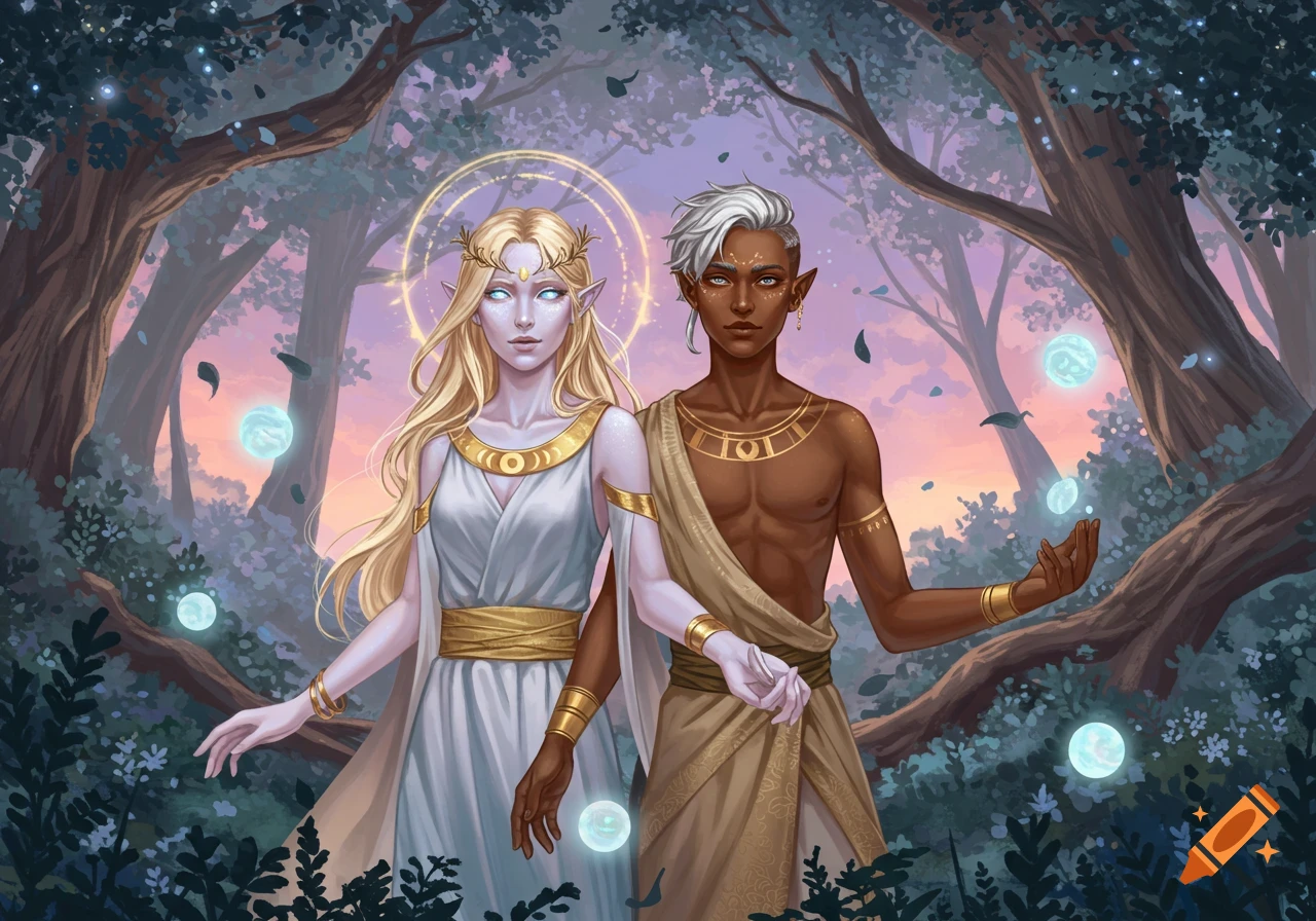 Two fantasy beings, a pale blonde woman and a dark-skinned androgynous person, stand in a mystical forest with glowing orbs.