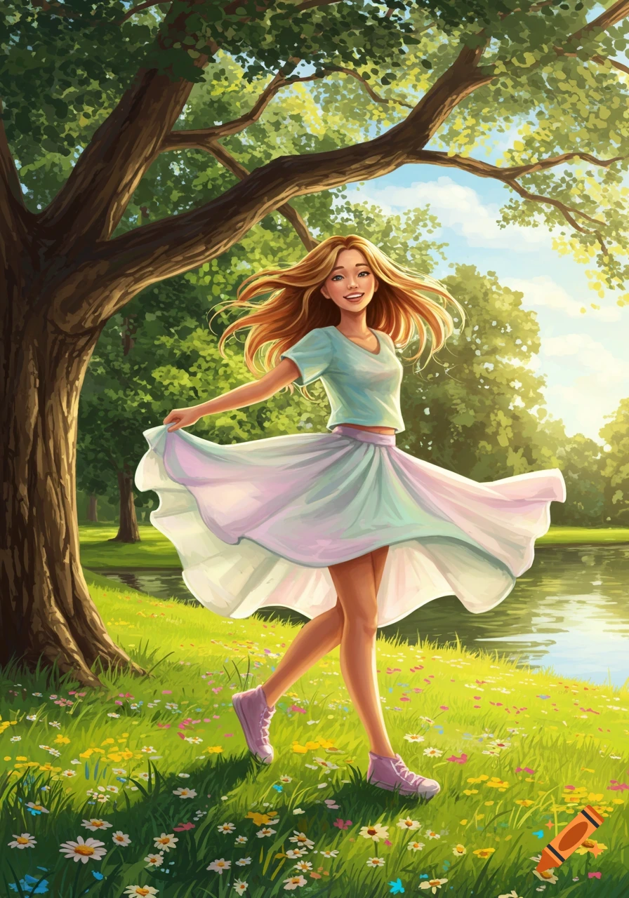 A smiling teenage girl with long flowing hair spins playfully in a sunny park, wearing a light blue top and pink skirt. Illustrated style.