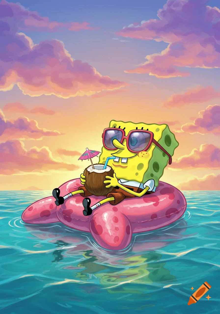 Spongebob SquarePants in sunglasses lounges on a pink floatie, sipping a coconut drink in the ocean at sunset.