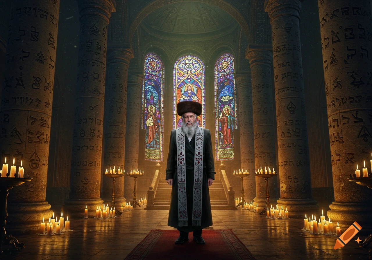 A bearded man resembling a rabbi stands solemnly in a grand, candle-lit temple with tall pillars carved with symbols and large stained glass windows.