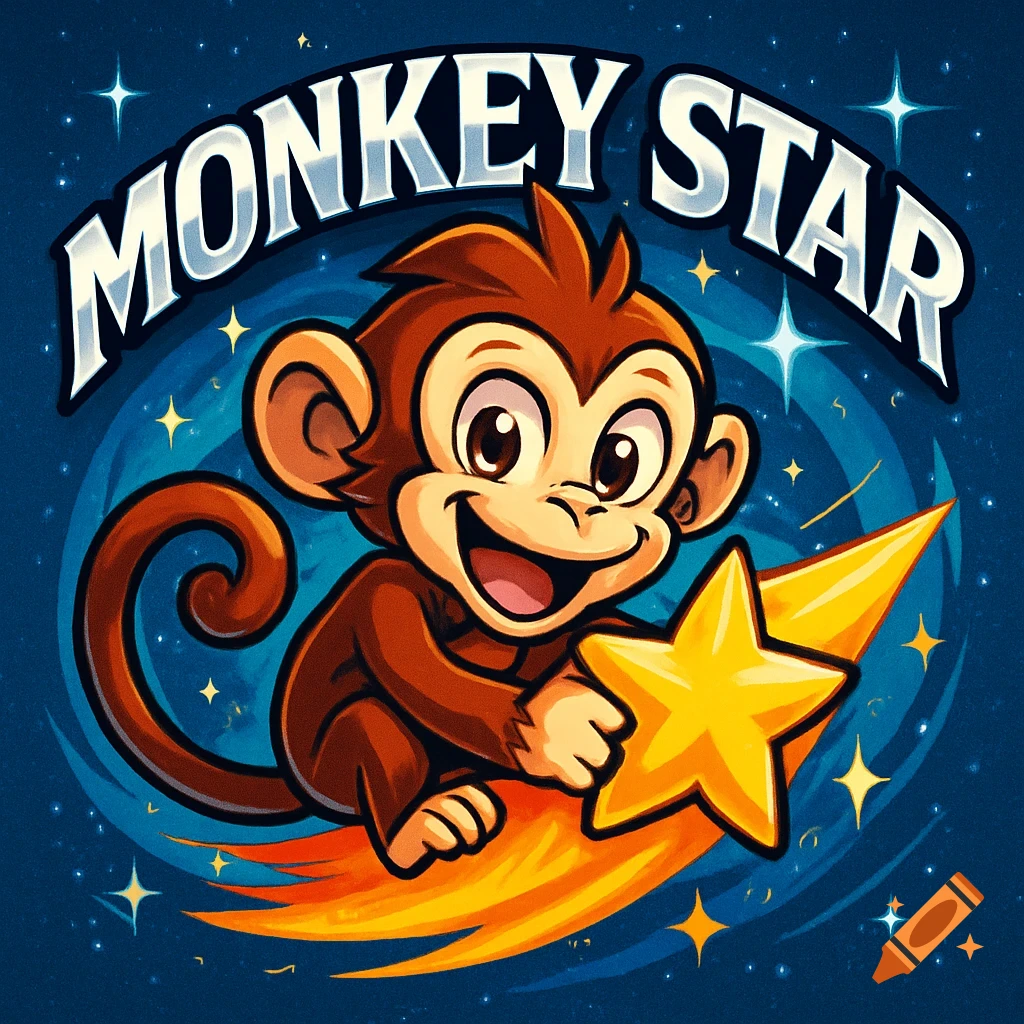 A cartoon logo featuring a happy brown monkey riding a yellow comet-like star in space with the text 'MONKEY STAR' above.