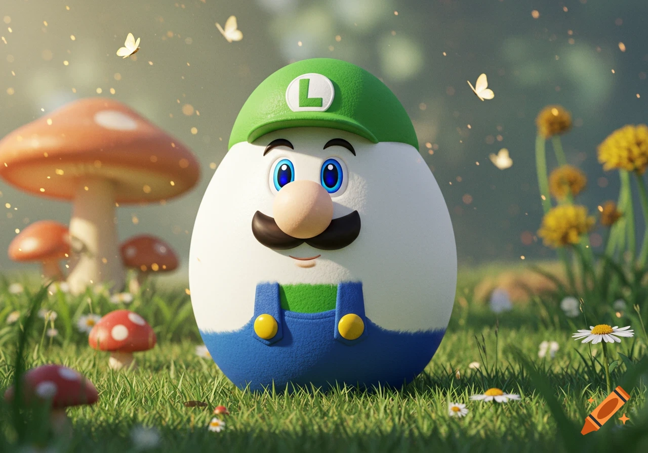A cute, 3D egg character resembling Luigi, wearing a green cap and blue overalls, stands in a sunny, magical field with mushrooms and butterflies.