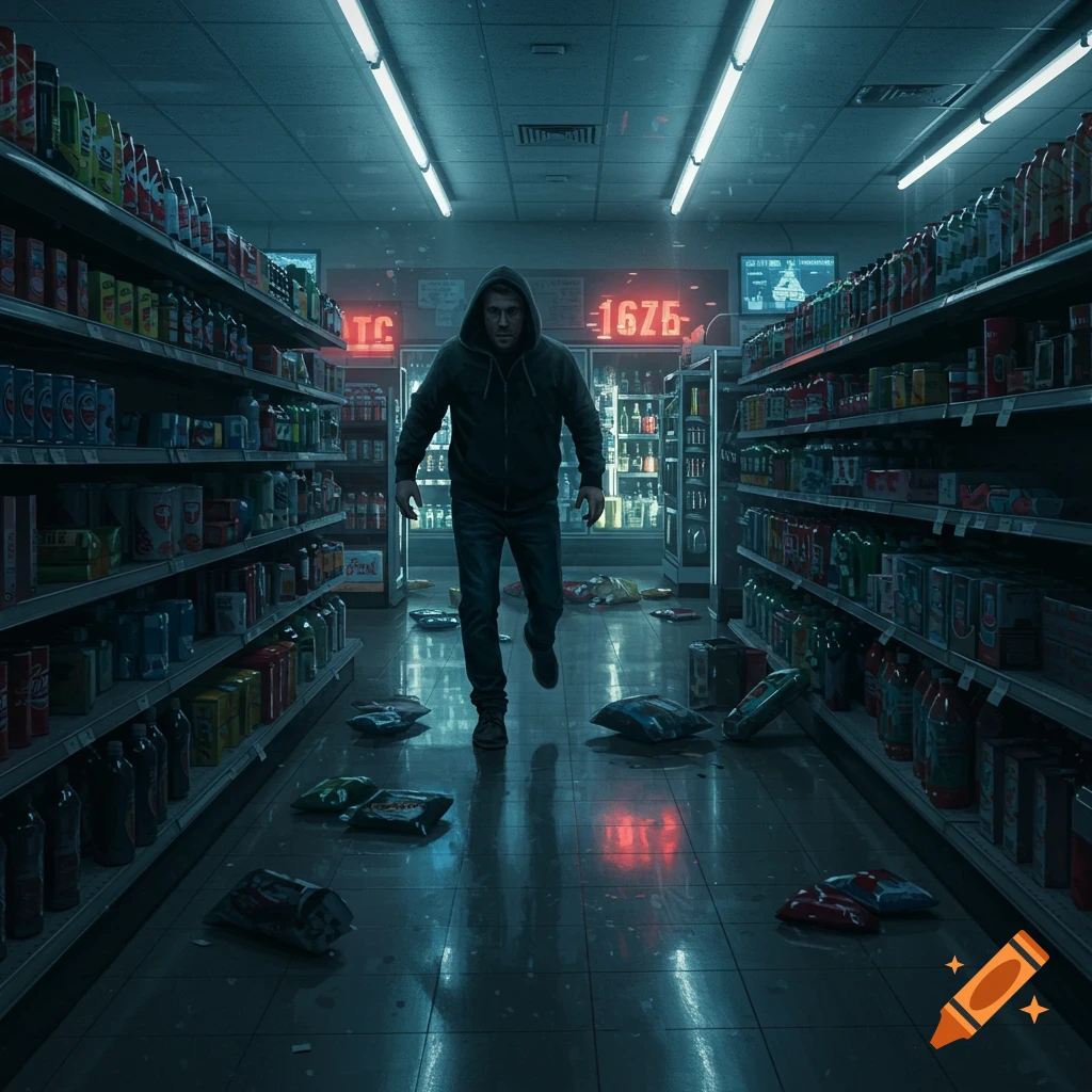 A man in a hoodie runs through a dark, messy supermarket aisle at night.