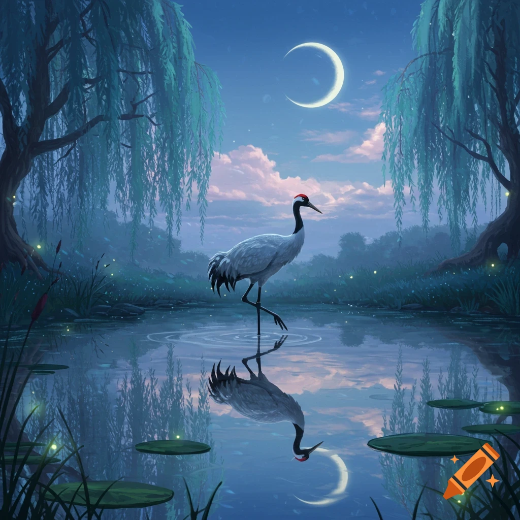 A white crane with red and black markings stands in a moonlit pond reflecting the crescent moon and weeping willows.