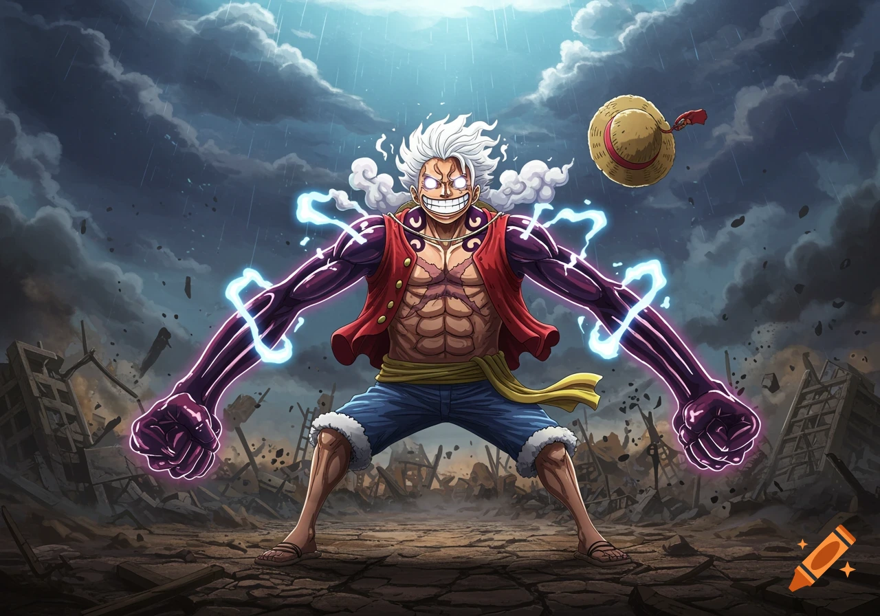 Luffy in Gear Five form, with white hair and glowing eyes, stands in a crumbling battlefield with lightning arcing around his stretched arms, in an anime style.
