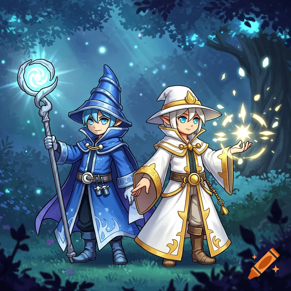 Two anime-style wizards, one in blue with a staff, one in white casting magic, stand in a magical forest.