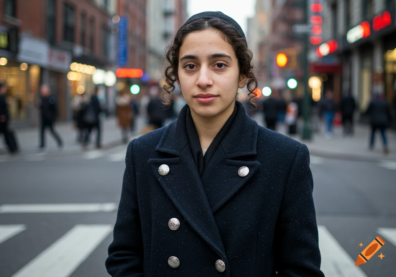A young woman in a black coat and head covering stands on a city street with blurred buildings and people in the background, looking at the camera.
