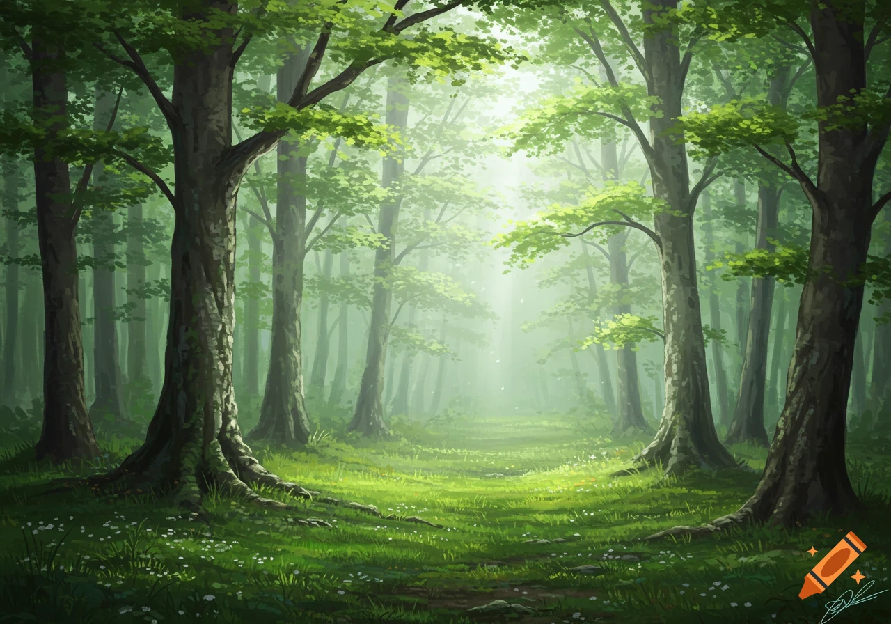 A vibrant, illustrative painting of a sunlit path winding through a lush, misty green forest with tall trees and scattered wildflowers.
