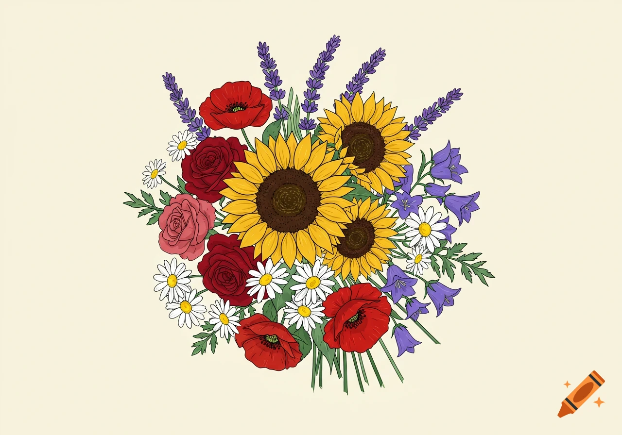 Illustrated bouquet with black outlines featuring sunflowers, red and pink roses, lavender, poppies, daisies, and bluebells.