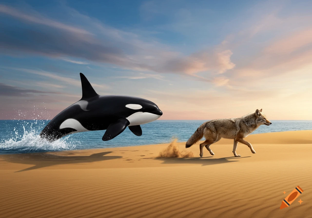 A photorealistic image of a large orca jumping out of the ocean onto a sandy beach next to a coyote running on the sand at sunset.