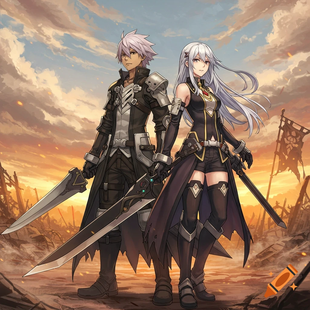 Anime style illustration of a male and female warrior in combat gear holding swords, standing in a desolate, destroyed landscape.