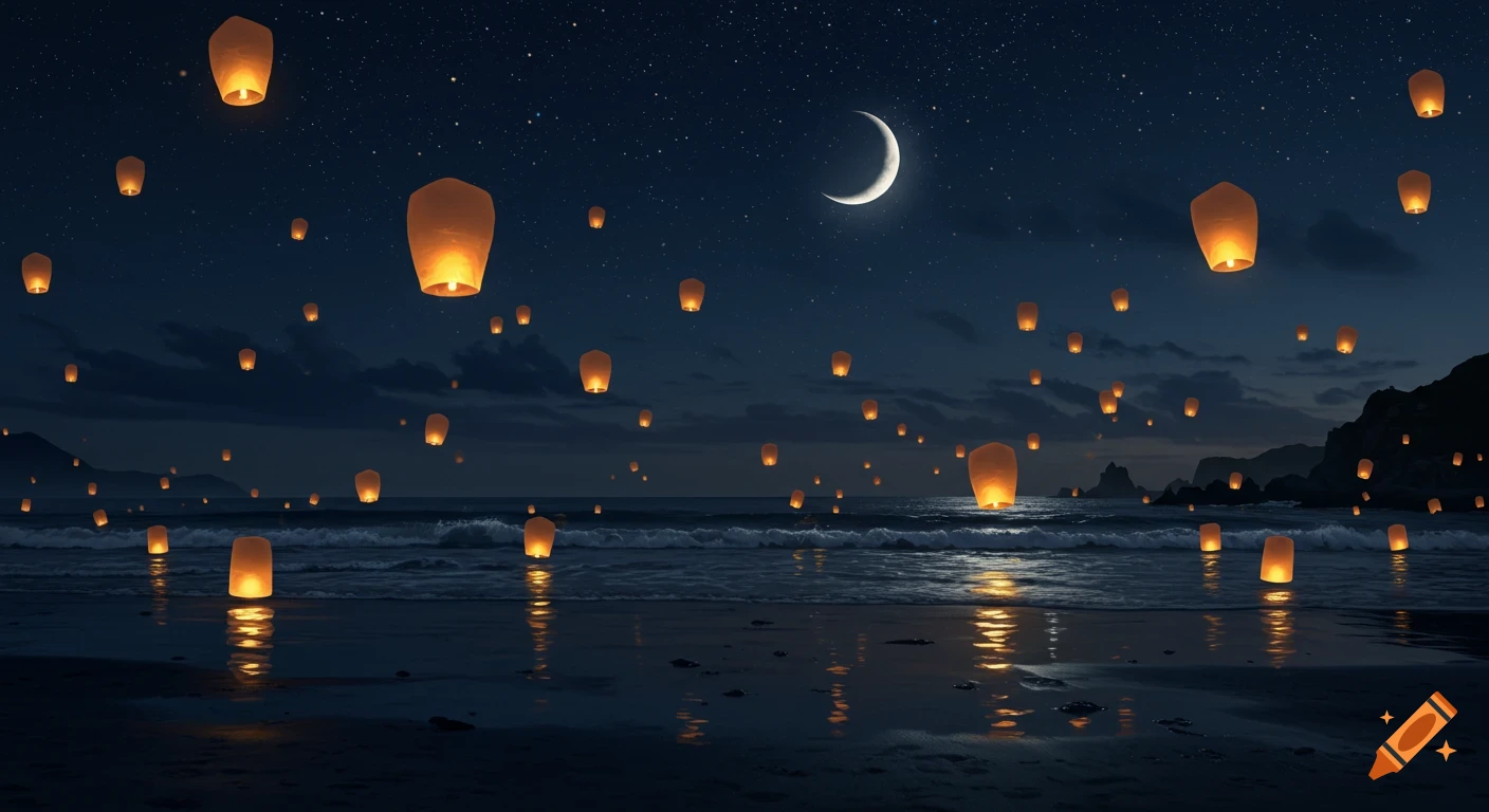 Glowing lanterns float above a dark coastal beach at night, with a crescent moon and stars in the sky.