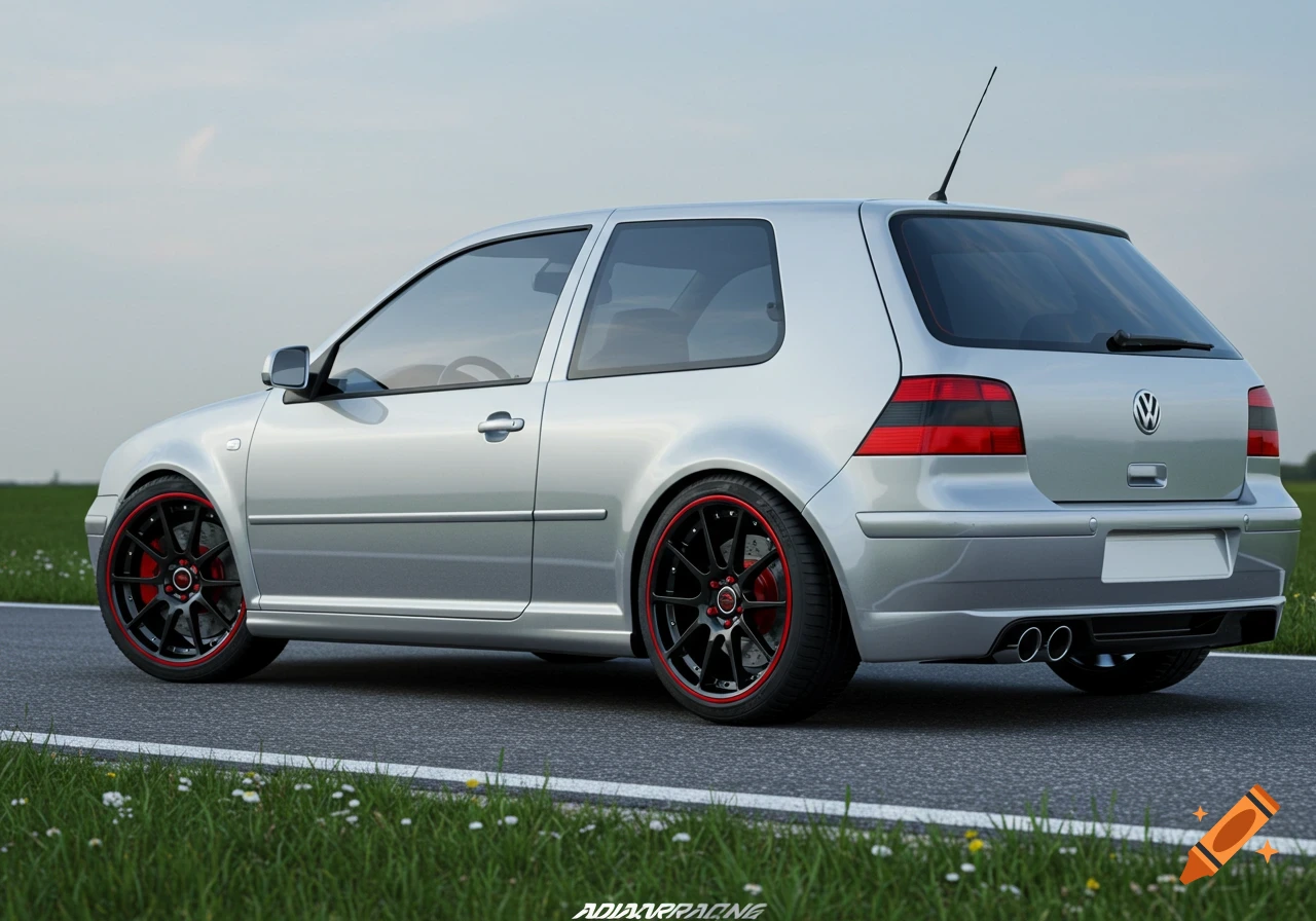 A photorealistic image of a silver Volkswagen Golf MK4 hatchback with black and red racing wheels, parked on a road with grass.