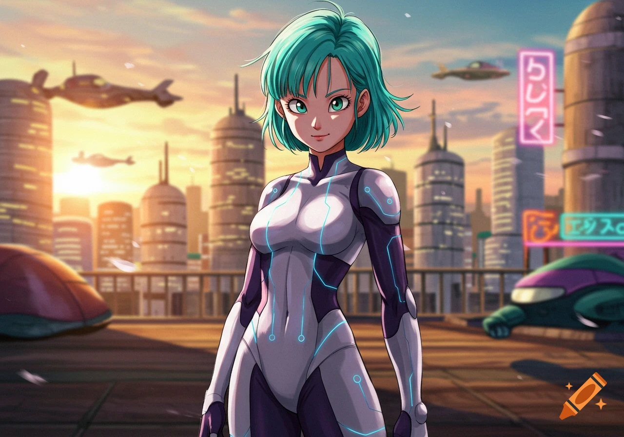 An anime character with short teal hair and a futuristic white and purple suit stands in a cyberpunk cityscape at sunset.