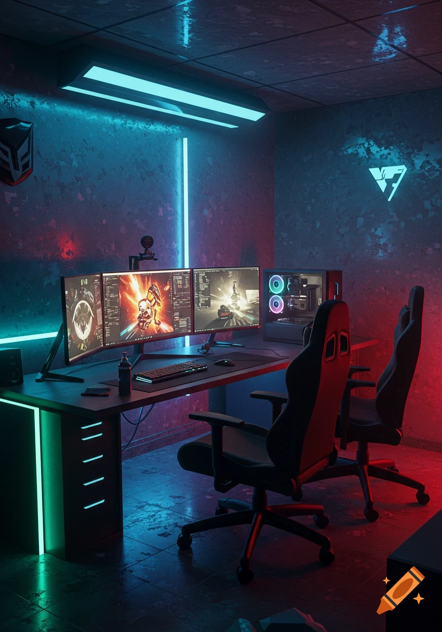 A futuristic gaming room with a triple-monitor setup, advanced computers, and gaming chairs, illuminated by vibrant blue and red neon lights.