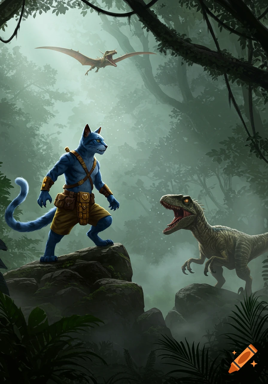 A blue anthropomorphic cat-like warrior stands on a rock, facing a roaring velociraptor in a misty jungle. A pterosaur flies overhead.