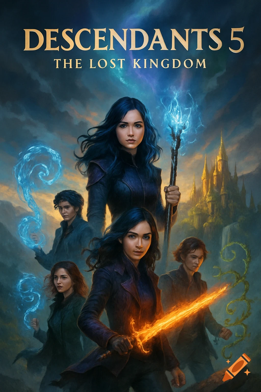 A promotional poster for Descendants 5 The Lost Kingdom, featuring several young fantasy characters with magic and a castle.