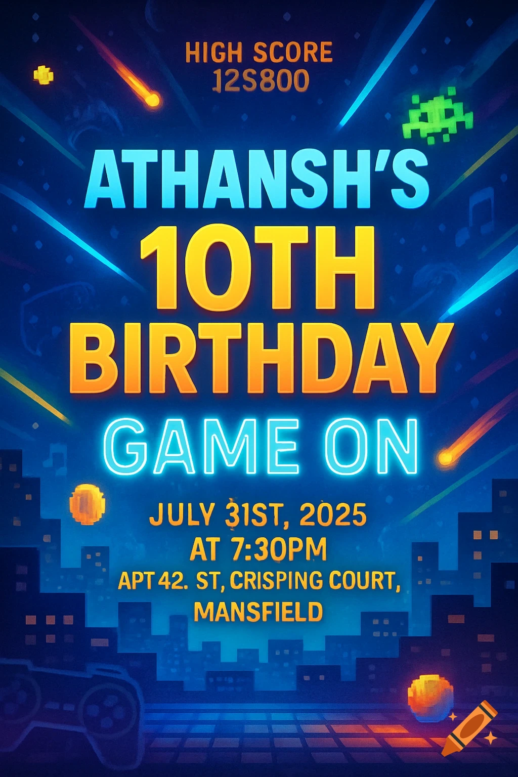 A vibrant blue and orange birthday invitation in a retro gaming style for Athansh's 10th birthday, featuring pixel art, a game controller, and text with event details.