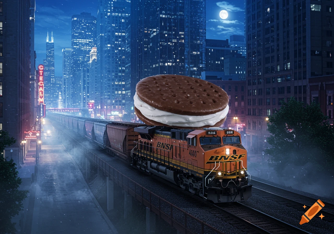 A giant ice cream sandwich sits atop a BNSF freight train traveling through a city at night under a full moon. The city skyline is lit up with many windows and neon signs.