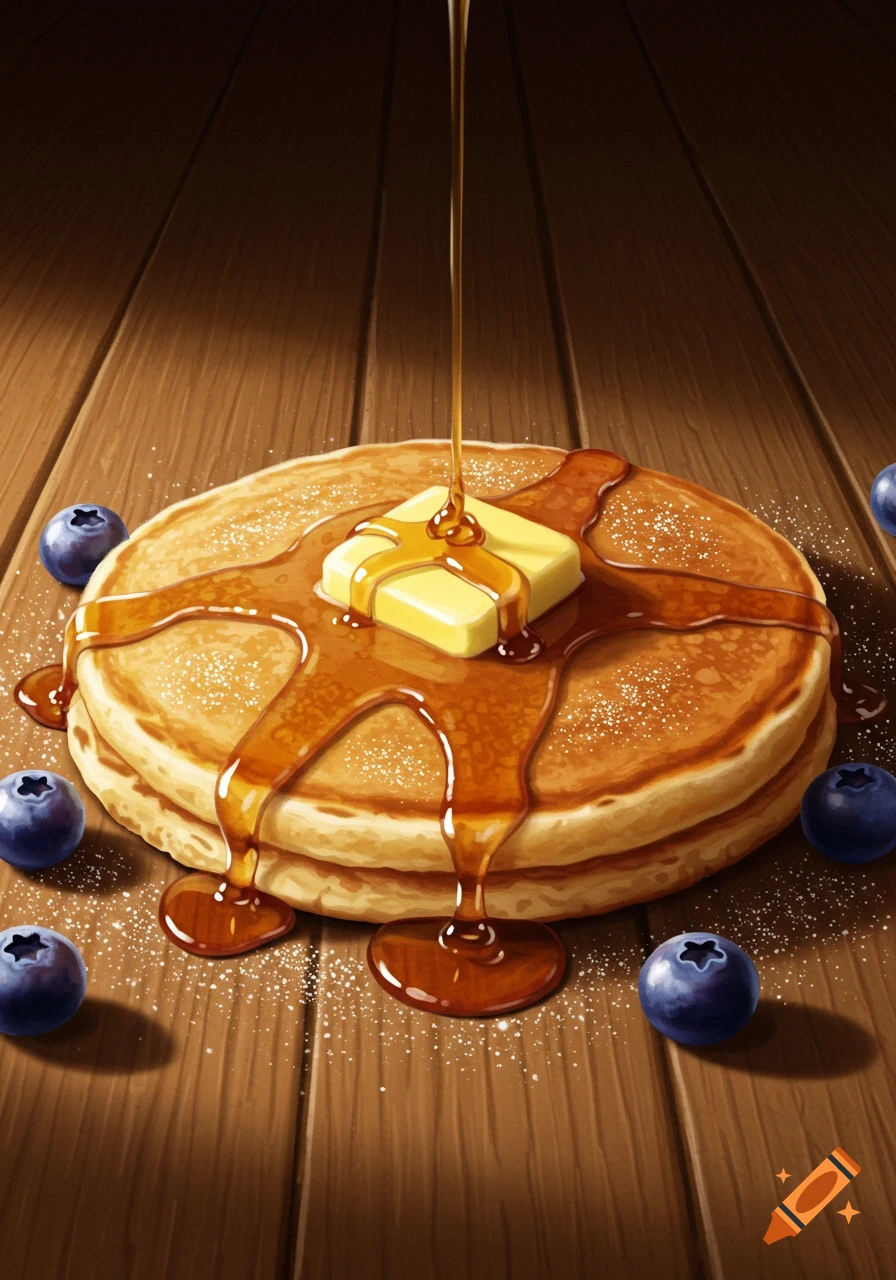 A stack of golden pancakes with melting butter, syrup, and blueberries on a wooden table in an illustrative style.