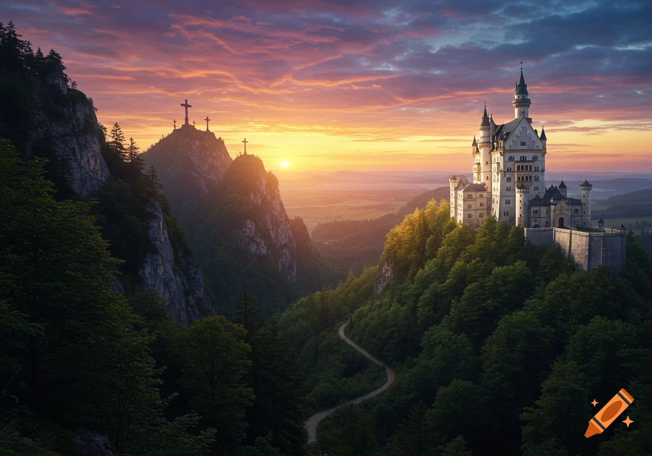 Photorealistic image of a majestic white castle on a mountain at sunset, overlooking a valley with three crosses on a distant peak.