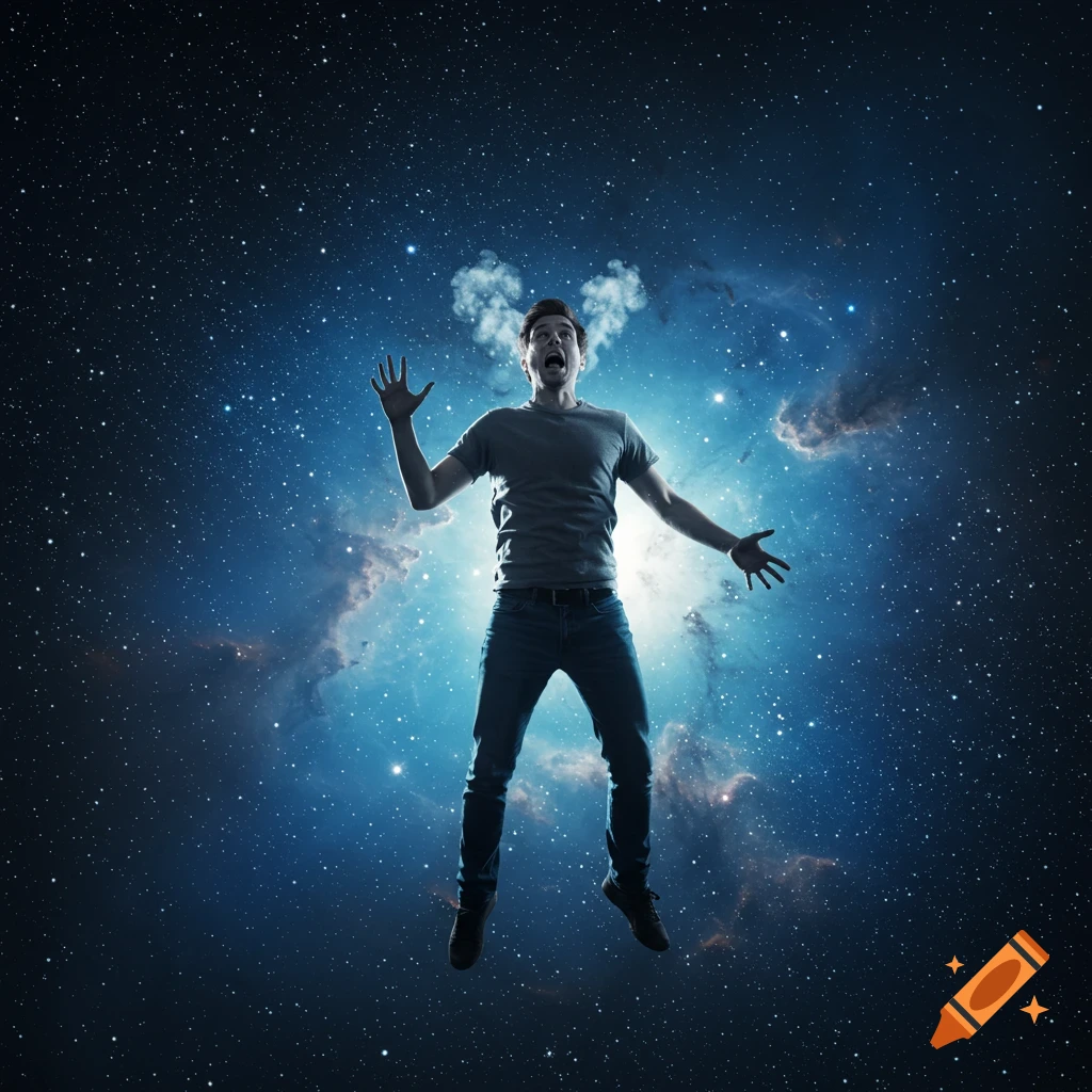 A man in casual clothes floats in space with stars and a blue nebula, screaming in distress with smoke coming from his head.